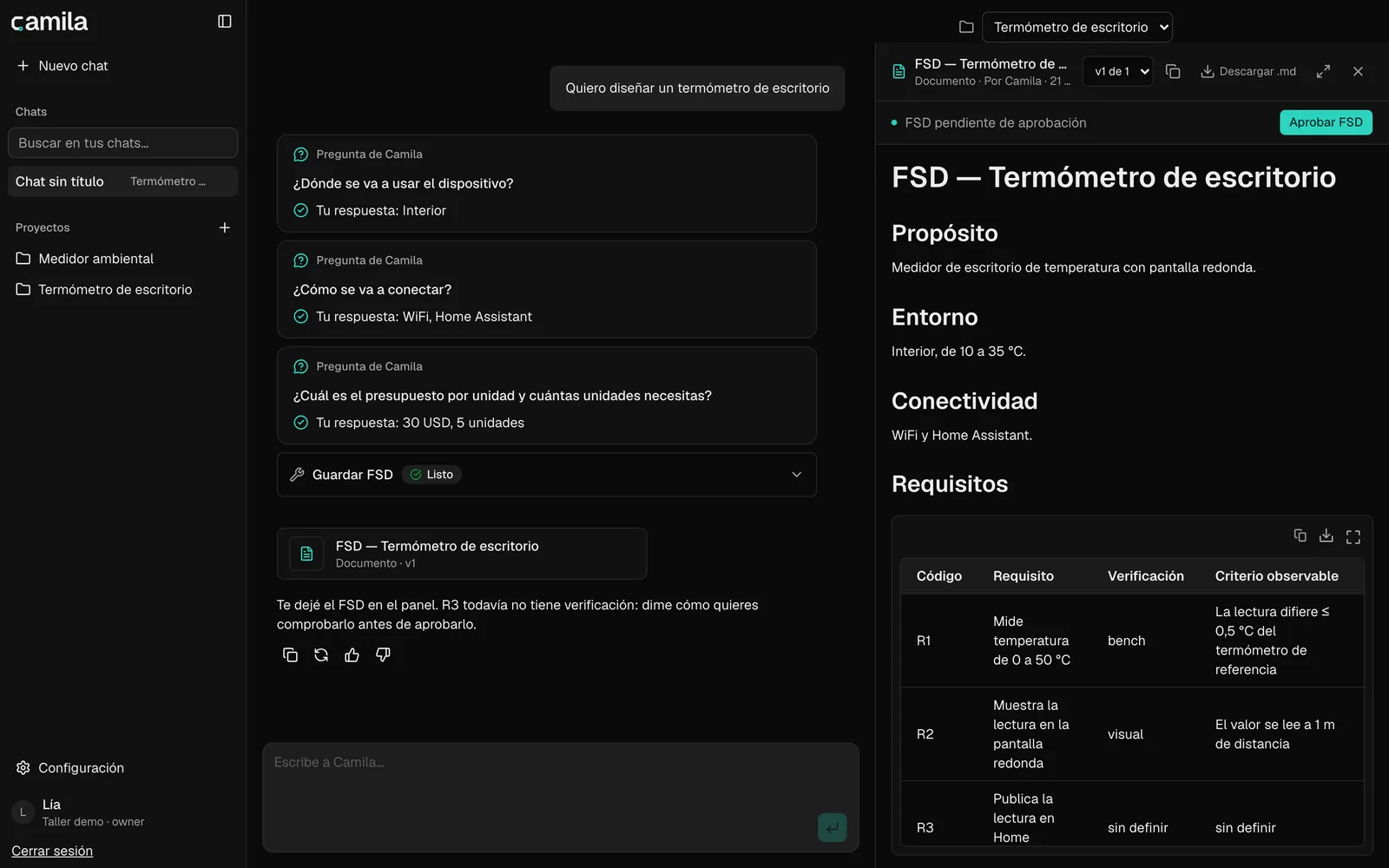 Escribe la especificación y espera tu aprobación.